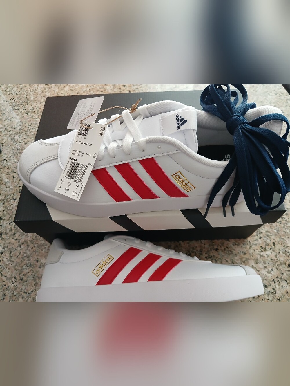 Men's Adidas Court 3 White Sneakers with Red Stripes and Gold Logo